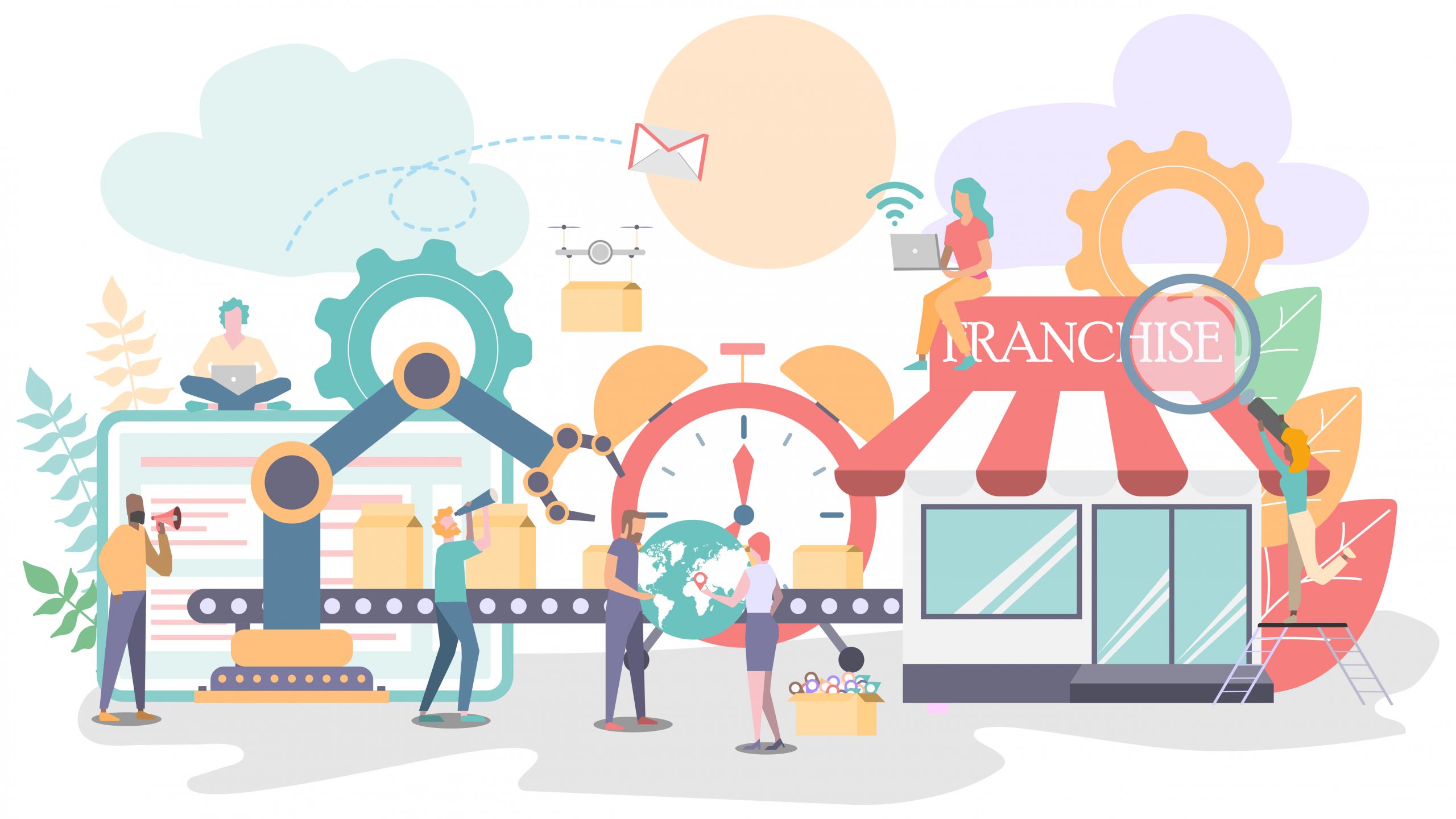 Vector illustration, Business industry production line and franchise with workers, Automation and boxs on line production with workers connection.